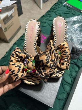 Betsey Johnson Leopard Print Bow Slide Mules with Multicolor Gem Accents